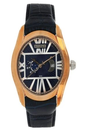 TITAN EDGE CELESTIAL TIME QUARTZ ANALOG MOONPHASE BLACK DIAL LEATHER STRAP MEN’S WATCH 1665WL01-DE181