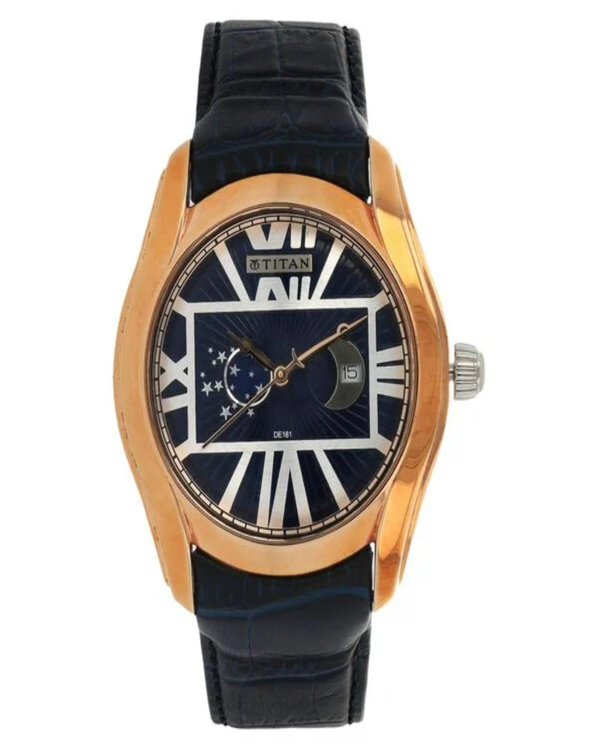 TITAN EDGE CELESTIAL TIME QUARTZ ANALOG MOONPHASE BLACK DIAL LEATHER STRAP MEN’S WATCH 1665WL01-DE181
