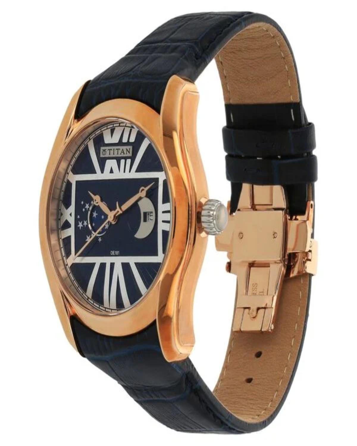 TITAN EDGE CELESTIAL TIME QUARTZ ANALOG MOONPHASE BLACK DIAL LEATHER STRAP MEN’S WATCH 1665WL01-DE181 - Image 2