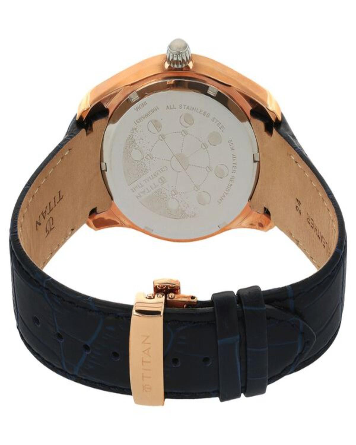 TITAN EDGE CELESTIAL TIME QUARTZ ANALOG MOONPHASE BLACK DIAL LEATHER STRAP MEN’S WATCH 1665WL01-DE181 - Image 3