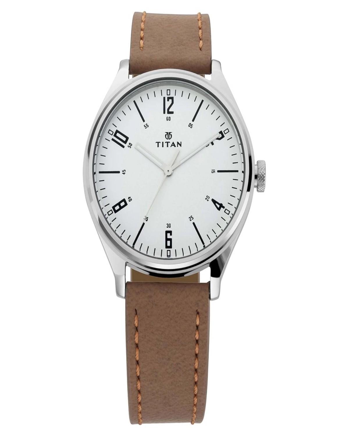 TITAN URBAN EDGE QUARTZ ANALOG SILVER DIAL TAN LEATHER STRAP MEN’S WATCH 1802SL01-DJ145