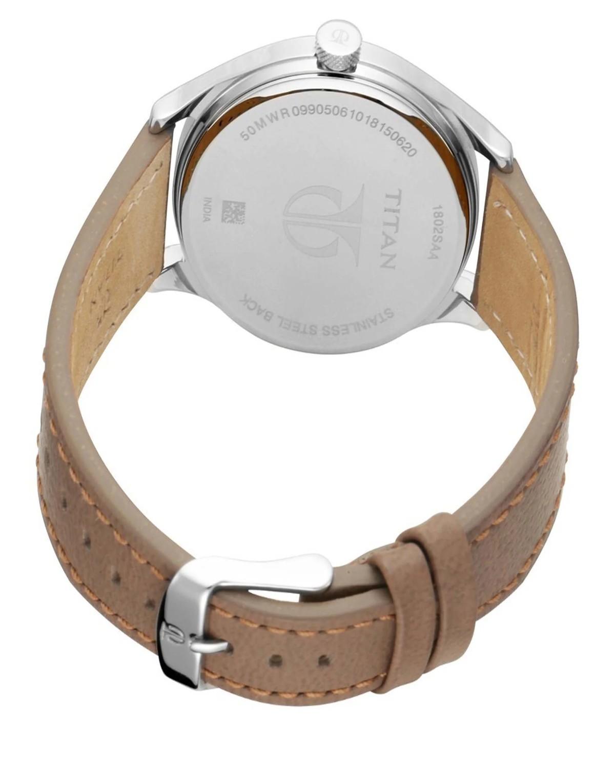 TITAN URBAN EDGE QUARTZ ANALOG SILVER DIAL TAN LEATHER STRAP MEN’S WATCH 1802SL01-DJ145 - Image 4