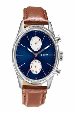 TITAN ELMNT QUARTZ ANALOG BLUE DIAL BROWN LEATHER STRAP MEN’S WATCH 1805SL06