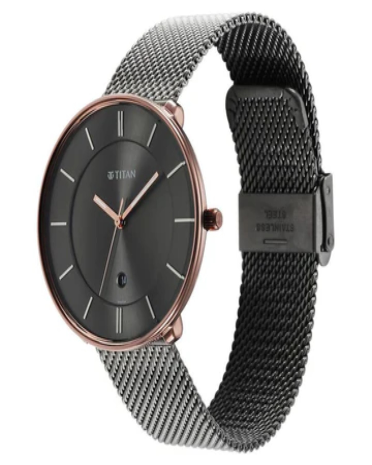 TITAN NOIR QUARTZ ANALOG ANTHRACITE DIAL BLACK STAINLESS STEEL MESH STRAP MEN’S WATCH 1849KM01-DN221 - Image 3