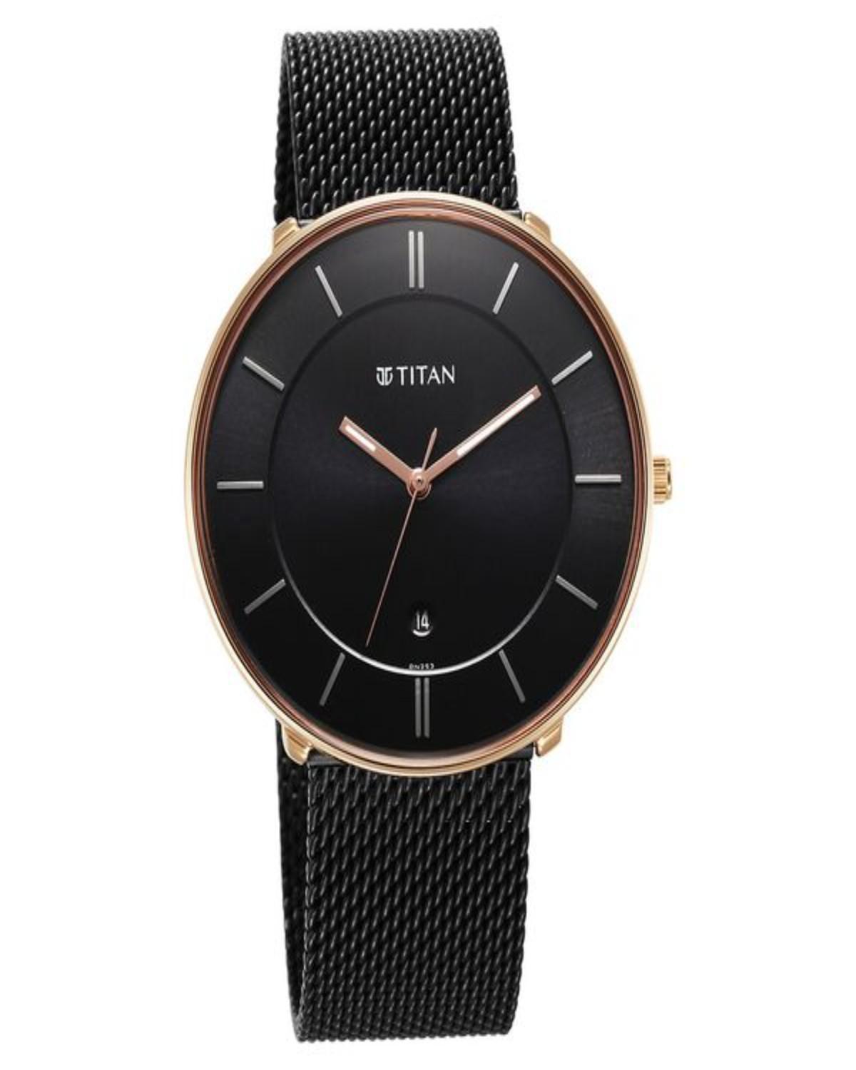 TITAN NOIR QUARTZ ANALOG BLACK DIAL BLACK STAINLESS STEEL MESH STRAP MEN’S WATCH 1849KM03-DN253