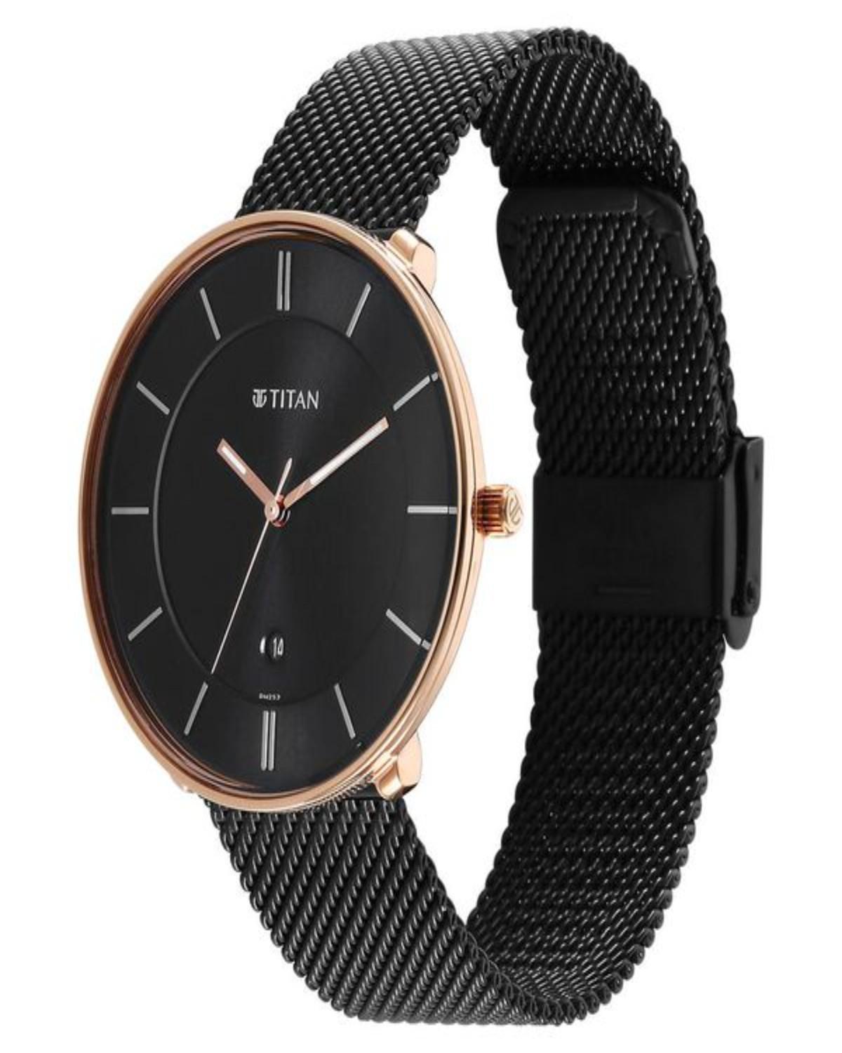 TITAN NOIR QUARTZ ANALOG BLACK DIAL BLACK STAINLESS STEEL MESH STRAP MEN’S WATCH 1849KM03-DN253 - Image 2