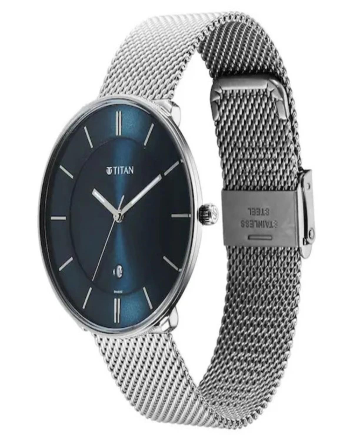 TITAN NOIR QUARTZ ANALOG BLUE DIAL SILVER STAINLESS STEEL STRAP MEN’S WATCH 1849SM02-DN222 - Image 4