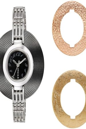 TITAN QUARTZ ANALOG BLACK DIAL SILVER STAINLESS STEEL STRAP WOMEN’S WATCH 2504SM02-DC435