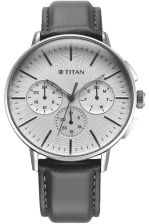 TITAN LIGHT LEATHERS QUARTZ MULTIFUNCTION SILVER DIAL GREY LEATHER STRAP MEN’S WATCH 90200SL01
