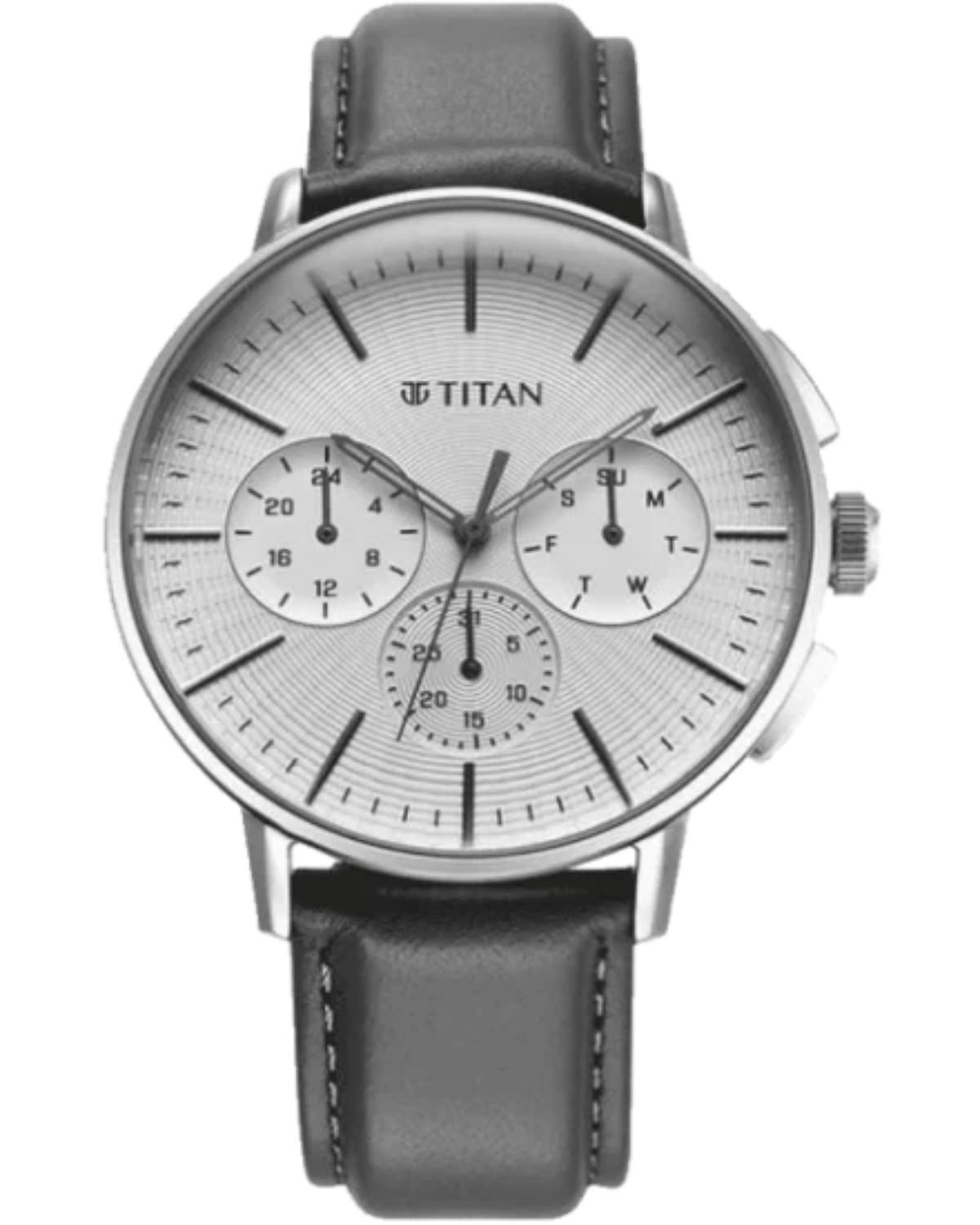 TITAN LIGHT LEATHERS QUARTZ MULTIFUNCTION SILVER DIAL GREY LEATHER STRAP MEN’S WATCH 90200SL01