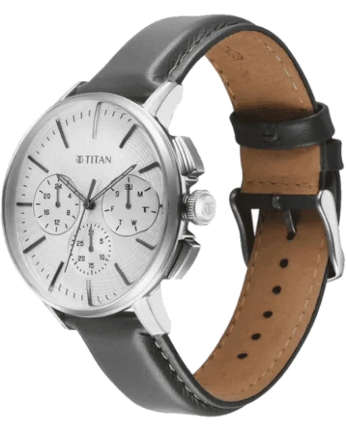 TITAN LIGHT LEATHERS QUARTZ MULTIFUNCTION SILVER DIAL GREY LEATHER STRAP MEN’S WATCH 90200SL01 - Image 2