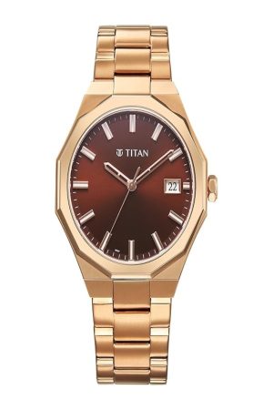 TITAN REGALIA DODECAGON QUARTZ ANALOG DATE BROWN DIAL ROSE GOLD STAINLESS STEEL STRAP MEN’S WATCH 90212WM01