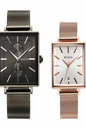TITAN BANDHAN QUARTZ MULTIFUNCTION BLACK DIAL STAINLESS STEEL STRAP COUPLE WATCH SET 9400594205KM01
