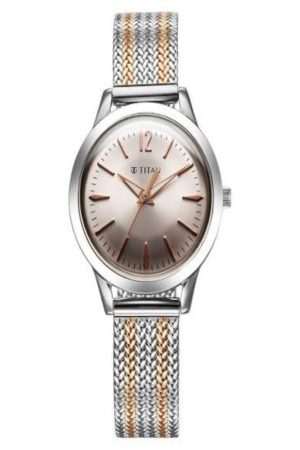TITAN TIMELESS URBAN QUARTZ ANALOG PINK DIAL TWO-TONE METAL STRAP WOMEN’S WATCH 95287KM01