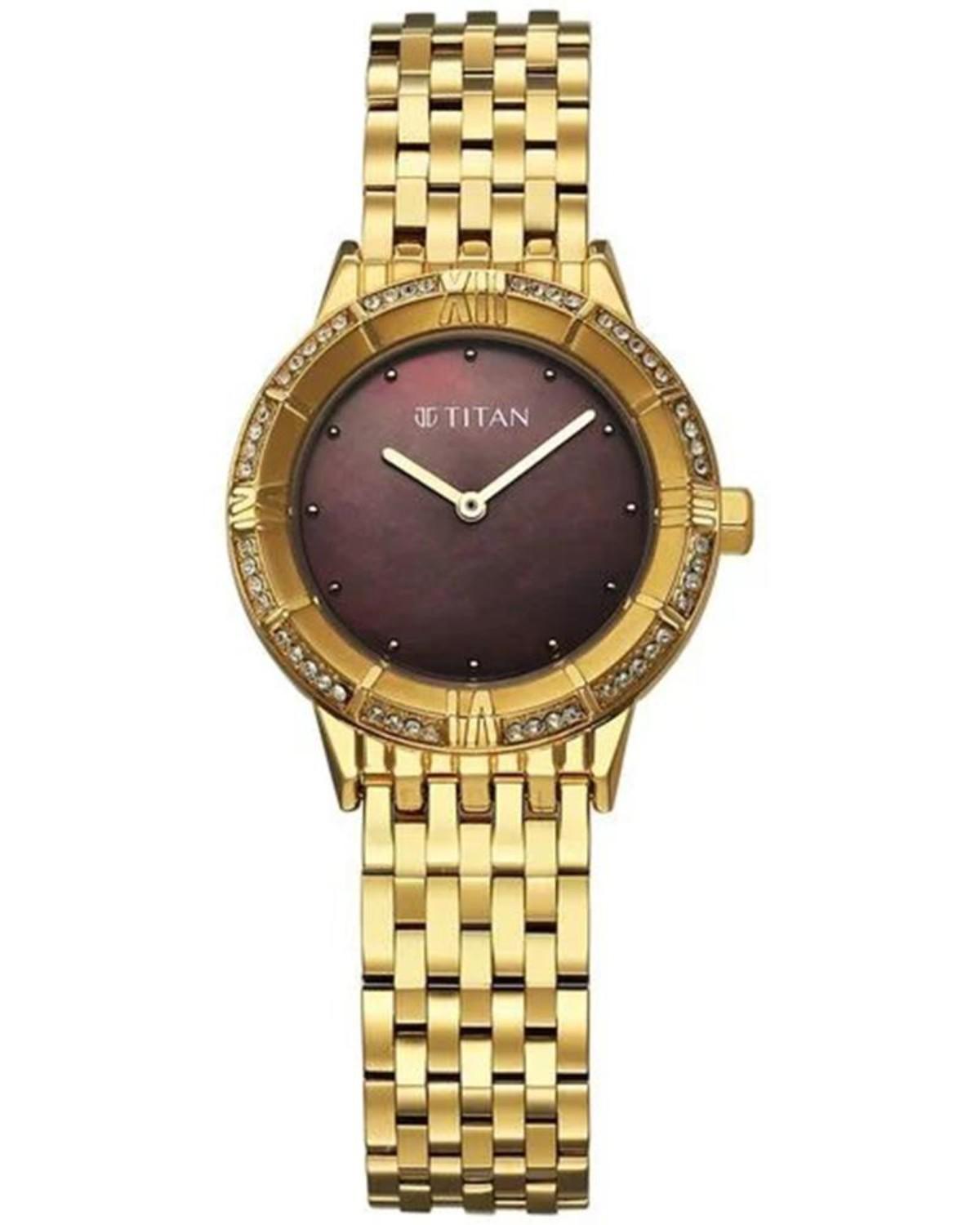 TITAN GLAMOUR QUARTZ ANALOG BROWN DIAL GOLD STAINLESS STEEL STRAP WOMEN’S WATCH 95316YM01
