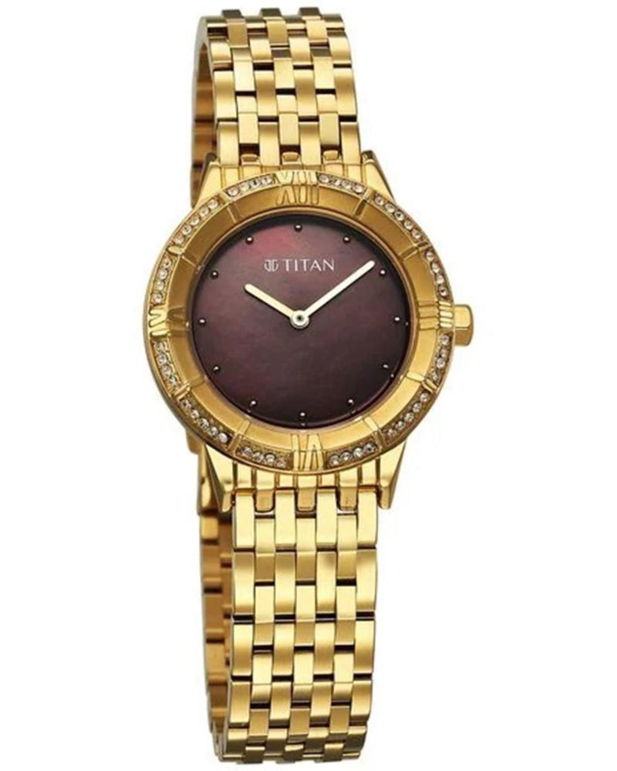 TITAN GLAMOUR QUARTZ ANALOG BROWN DIAL GOLD STAINLESS STEEL STRAP WOMEN’S WATCH 95316YM01 - Image 2