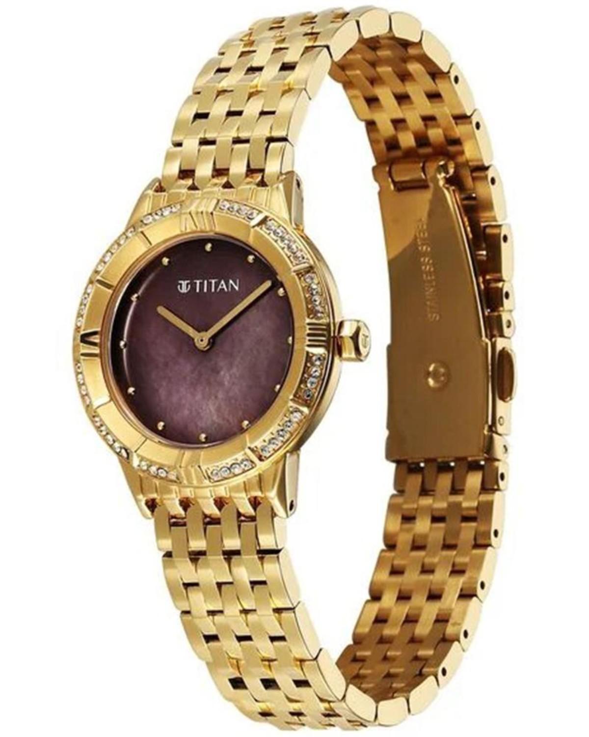 TITAN GLAMOUR QUARTZ ANALOG BROWN DIAL GOLD STAINLESS STEEL STRAP WOMEN’S WATCH 95316YM01 - Image 3