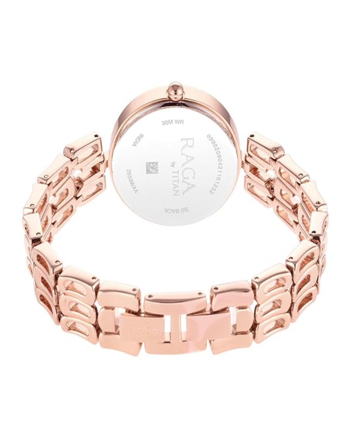 TITAN RAGA CHIC QUARTZ ANALOG MOTHER-OF-PEARL DIAL ROSE GOLD METAL STRAP WOMEN’S WATCH NT2659WM01 - Image 4