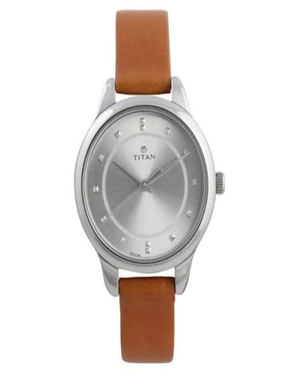 TITAN WORKWEAR QUARTZ ANALOG SILVER DIAL BROWN LEATHER STRAP WOMEN’S WATCH NP2481SL06