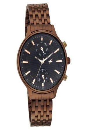 TITAN (FASTRACK) RUFFLES QUARTZ MULTIFUNCTION BLACK DIAL BROWN STAINLESS STEEL STRAP WOMEN’S WATCH NP6208KM01-DK332