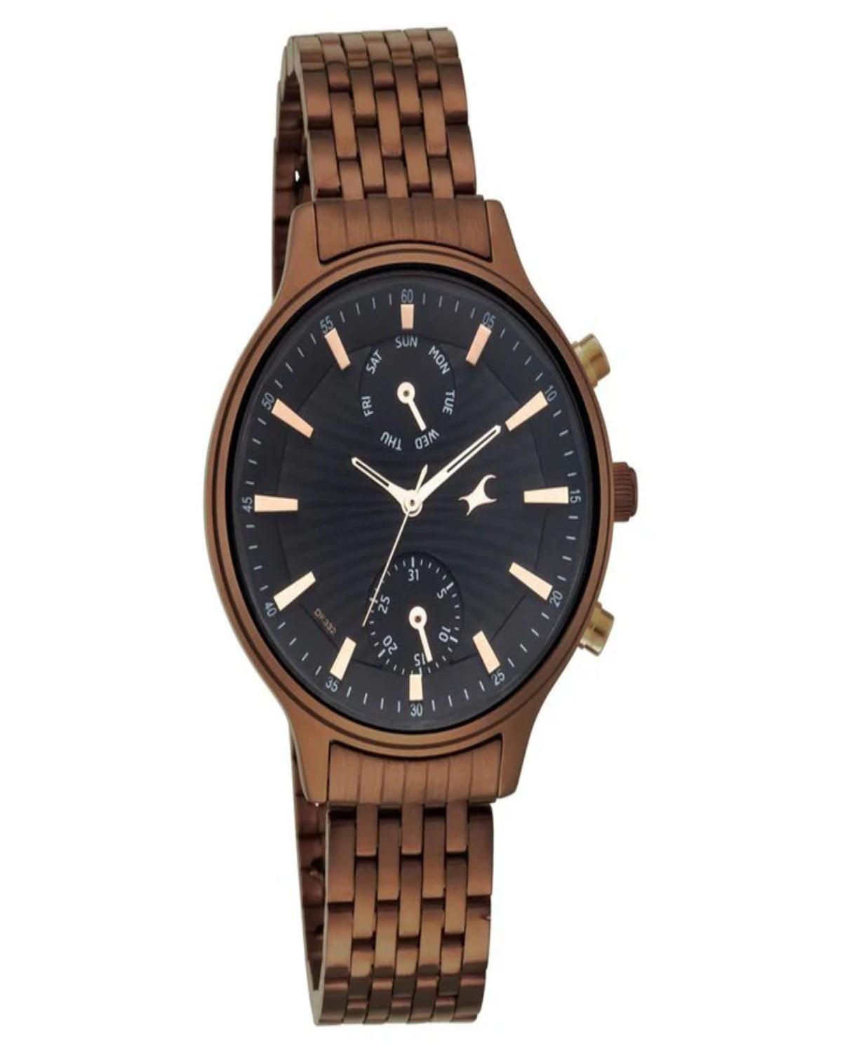 TITAN (FASTRACK) RUFFLES QUARTZ MULTIFUNCTION BLACK DIAL BROWN STAINLESS STEEL STRAP WOMEN’S WATCH NP6208KM01-DK332