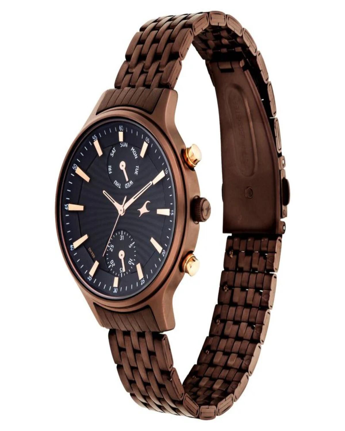 TITAN (FASTRACK) RUFFLES QUARTZ MULTIFUNCTION BLACK DIAL BROWN STAINLESS STEEL STRAP WOMEN’S WATCH NP6208KM01-DK332 - Image 2