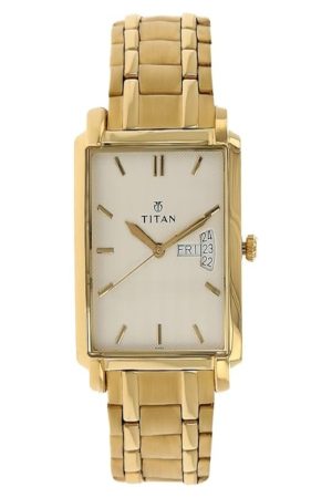 TITAN QUARTZ ANALOG DAY-DATE GOLD DIAL STAINLESS STEEL STRAP MEN’S WATCH NT1506YM01