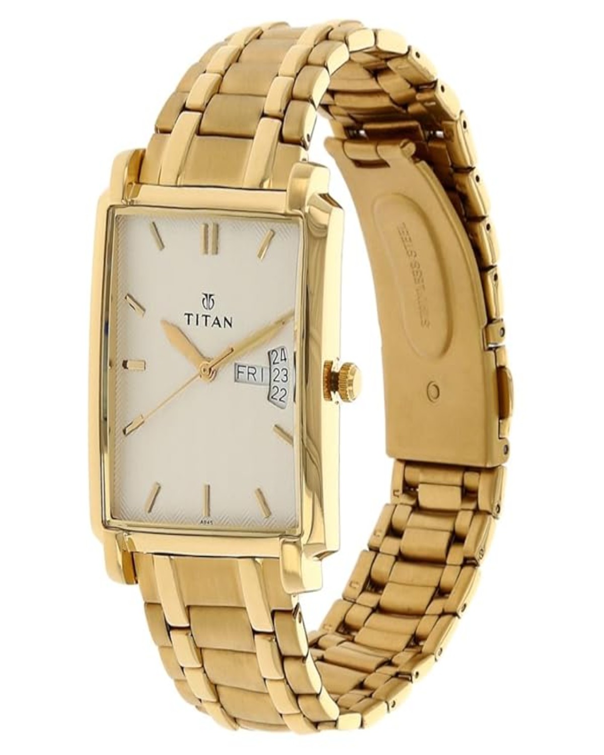TITAN QUARTZ ANALOG DAY-DATE GOLD DIAL STAINLESS STEEL STRAP MEN’S WATCH NT1506YM01 - Image 2