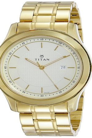 TITAN QUARTZ ANALOG DAY-DATE SILVER DIAL GOLD-TONE STAINLESS STEEL STRAP MEN’S WATCH NT1627YM04