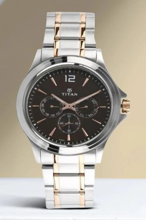 TITAN QUARTZ ANALOG DAY-DATE SILVER DIAL GOLD-TONE STAINLESS STEEL STRAP MEN’S WATCH NT1698KM01