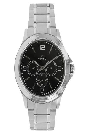 TITAN QUARTZ MULTIFUNCTION BLACK DIAL STAINLESS STEEL STRAP MEN’S WATCH NT1698SM01