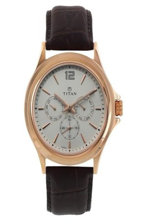 TITAN WORKWEAR QUARTZ MULTIFUNCTION WHITE DIAL BROWN LEATHER STRAP MEN’S WATCH NT1698WL01