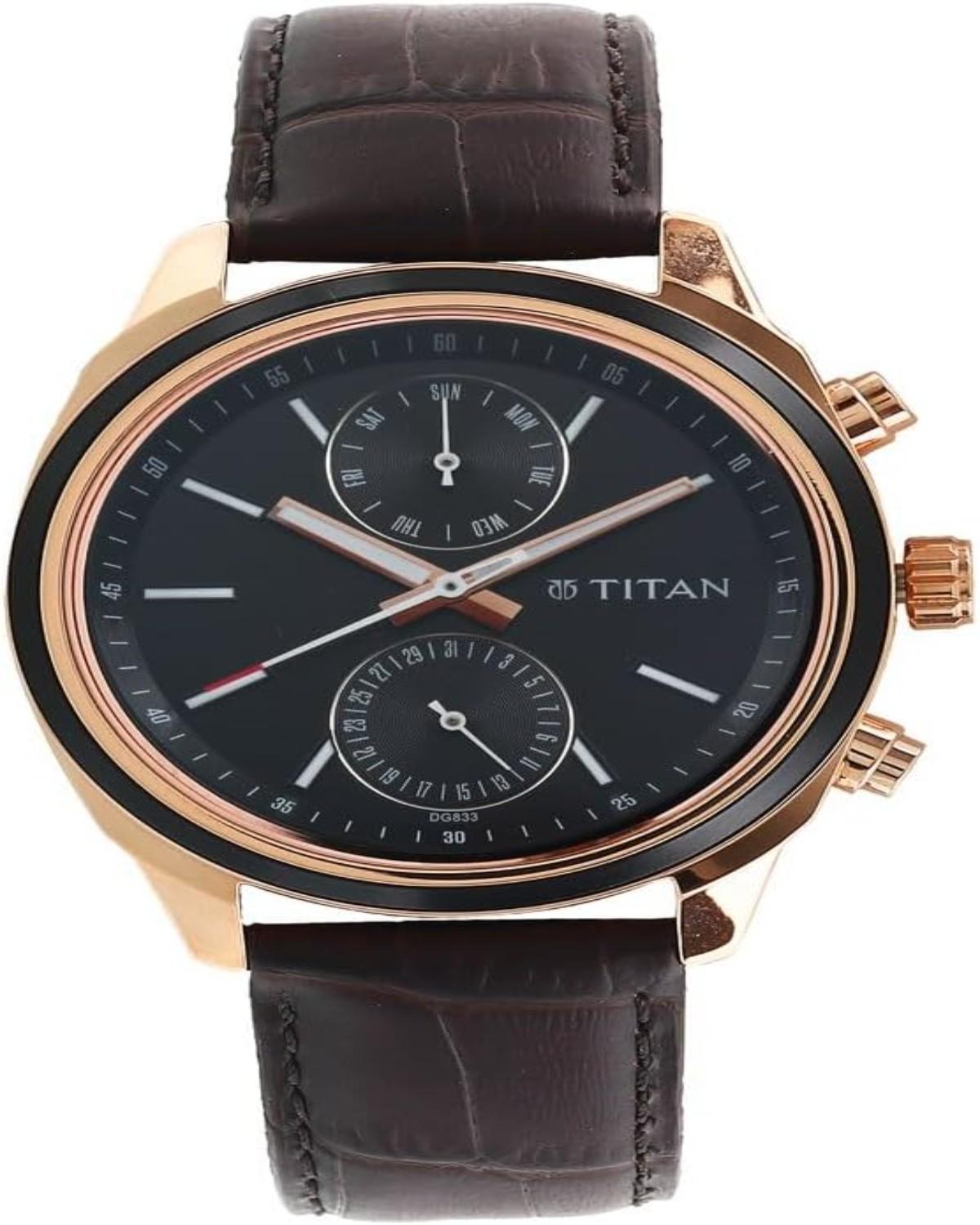 TITAN CLASSIQUE QUARTZ ANALOG BLACK DIAL LEATHER STRAP MEN’S WATCH NT1733KL03