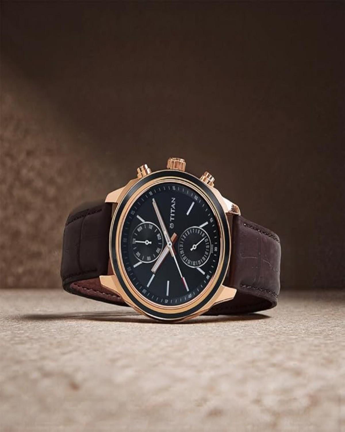 TITAN CLASSIQUE QUARTZ ANALOG BLACK DIAL LEATHER STRAP MEN’S WATCH NT1733KL03 - Image 2