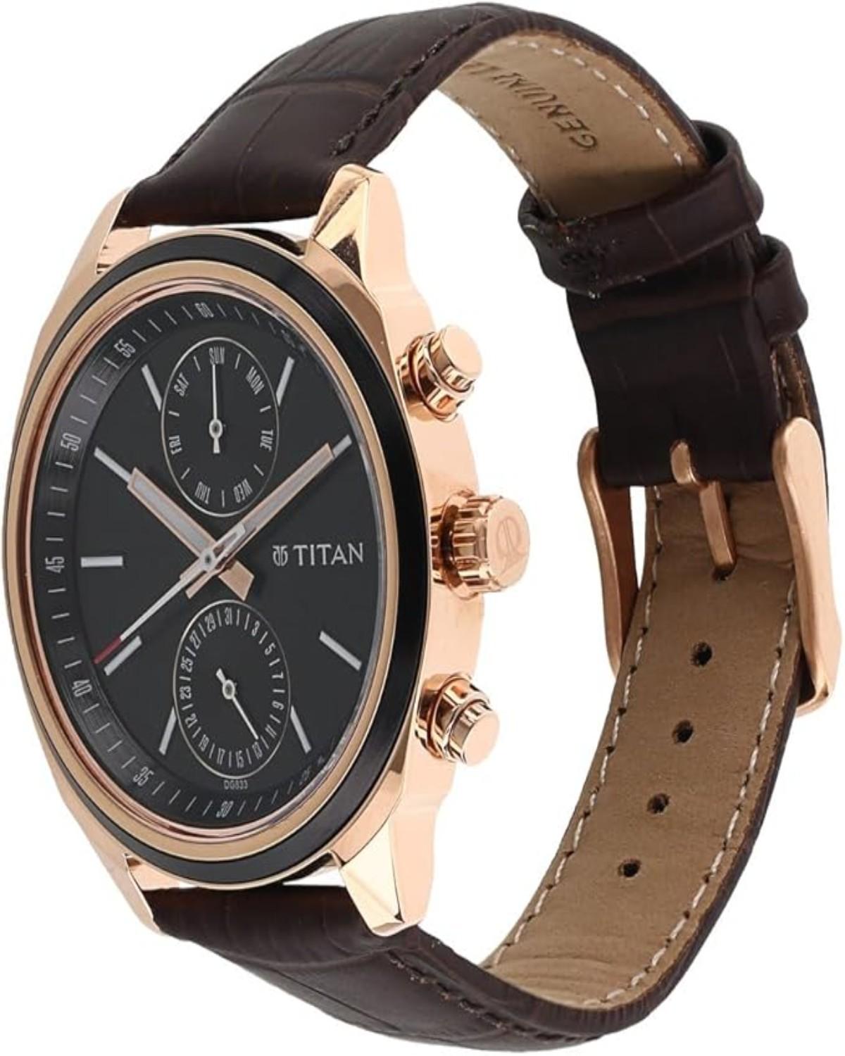 TITAN CLASSIQUE QUARTZ ANALOG BLACK DIAL LEATHER STRAP MEN’S WATCH NT1733KL03 - Image 3