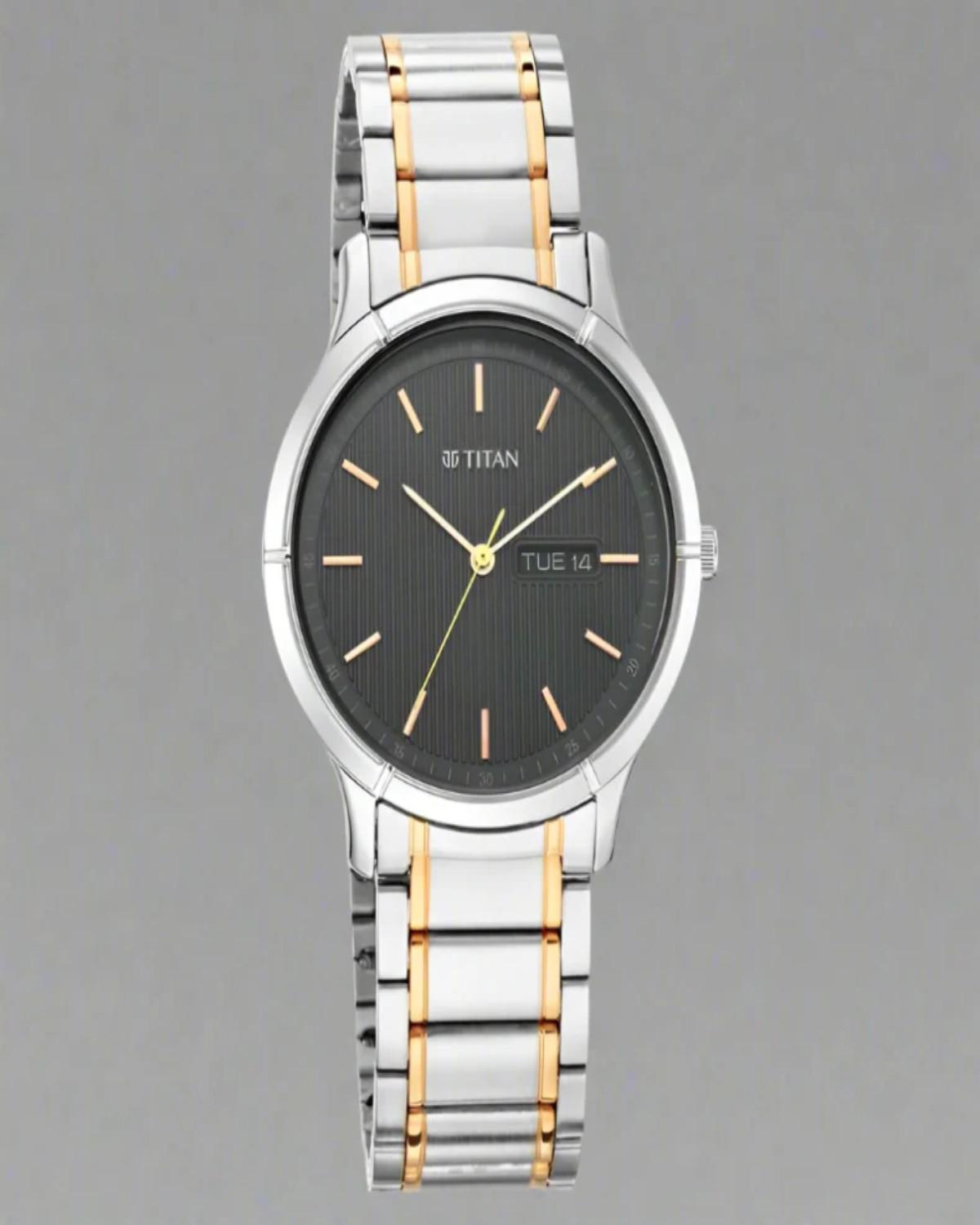 TITAN LAGAN QUARTZ ANALOG BLACK DIAL TWO-TONE METAL STRAP MEN’S WATCH NT1775NM01
