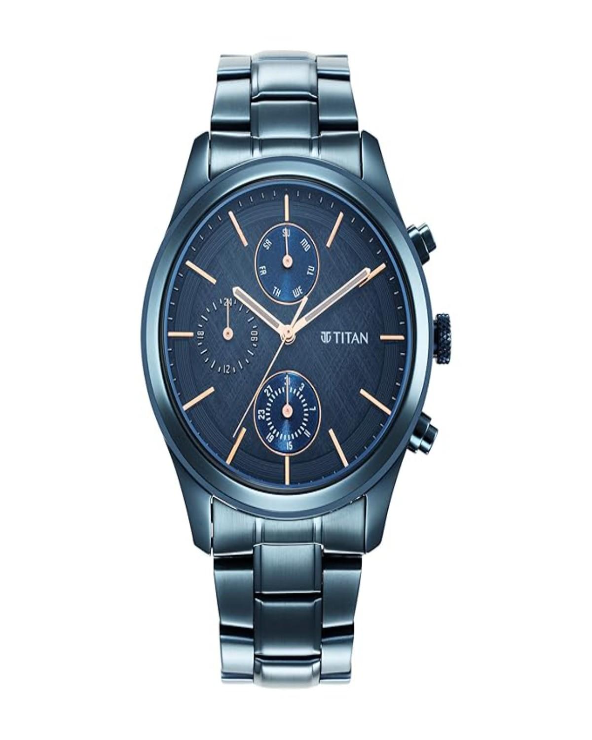 TITAN NEO SPLASH QUARTZ MULTIFUNCTION BLUE DIAL STAINLESS STEEL STRAP MEN’S WATCH NT1805QM01