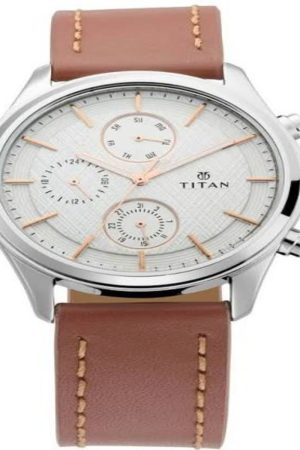 TITAN WORKWEAR QUARTZ MULTIFUNCTION SILVER DIAL BROWN LEATHER STRAP MEN’S WATCH NT1805SL01