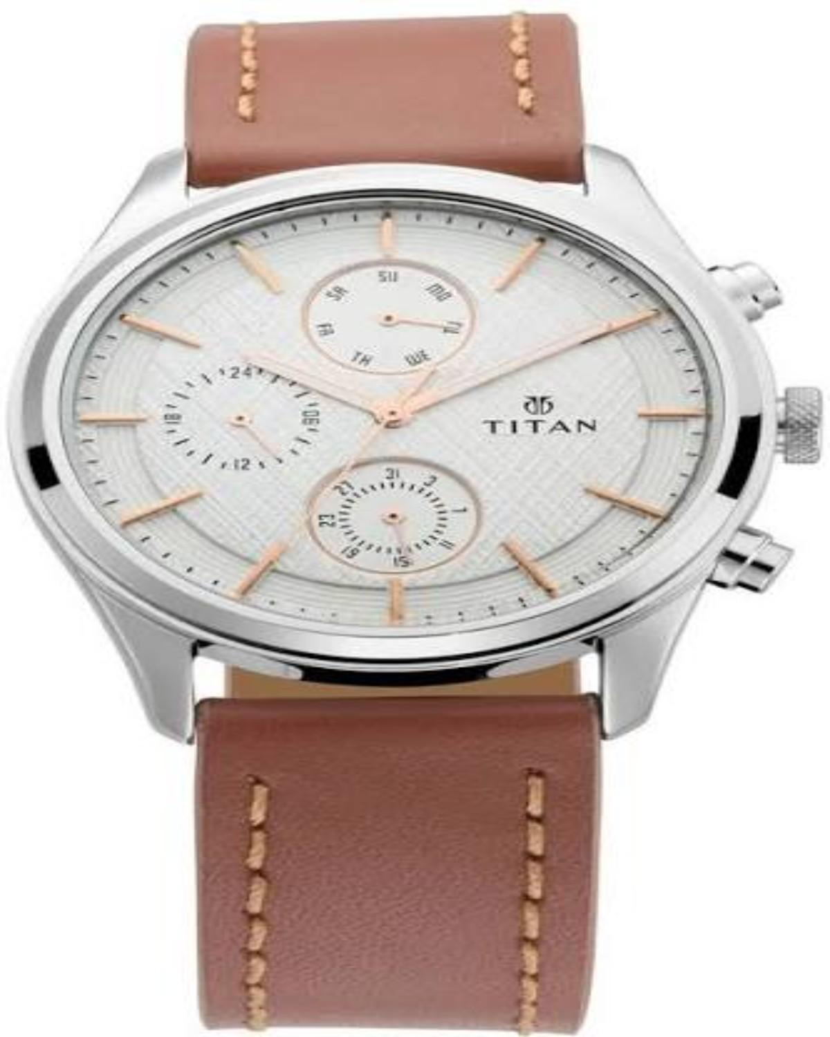 TITAN WORKWEAR QUARTZ MULTIFUNCTION SILVER DIAL BROWN LEATHER STRAP MEN’S WATCH NT1805SL01