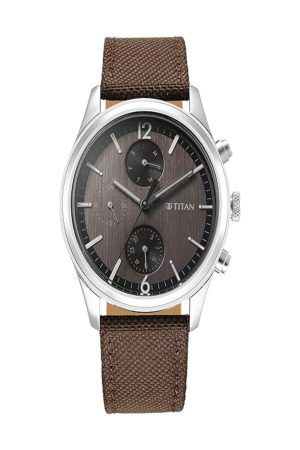 TITAN WRIST WIT QUARTZ ANALOG DAY-DATE BROWN DIAL LEATHER STRAP MEN’S WATCH NT1805SL12