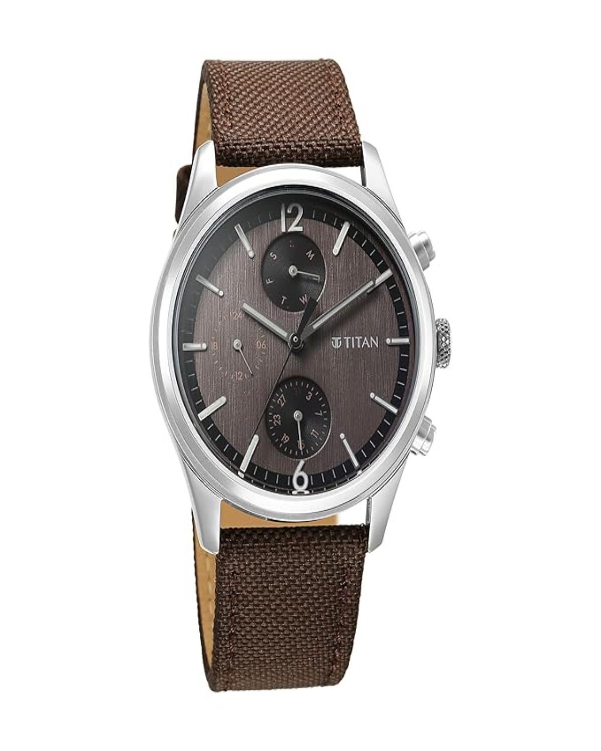 TITAN WRIST WIT QUARTZ ANALOG DAY-DATE BROWN DIAL LEATHER STRAP MEN’S WATCH NT1805SL12 - Image 3
