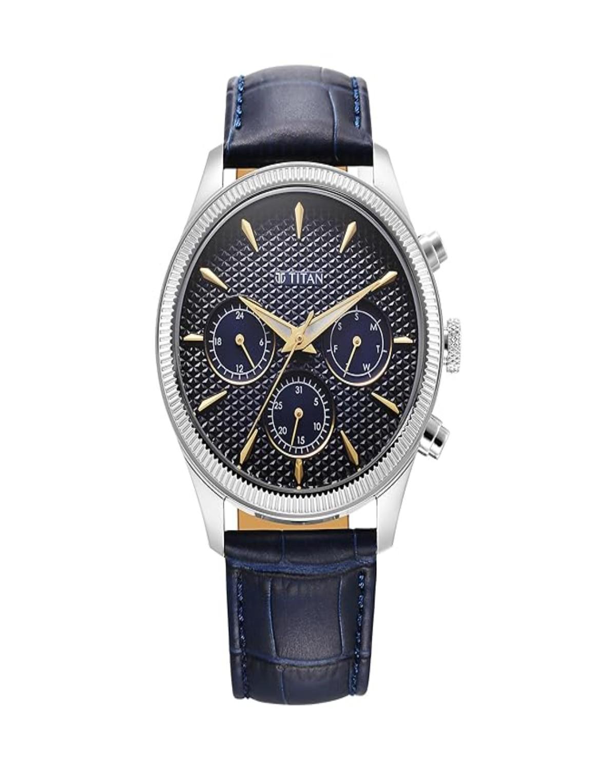 TITAN REGALIA OPULENT QUARTZ ANALOG DAY-DATE BLUE DIAL BLUE LEATHER STRAP MEN’S WATCH NT1805SL13