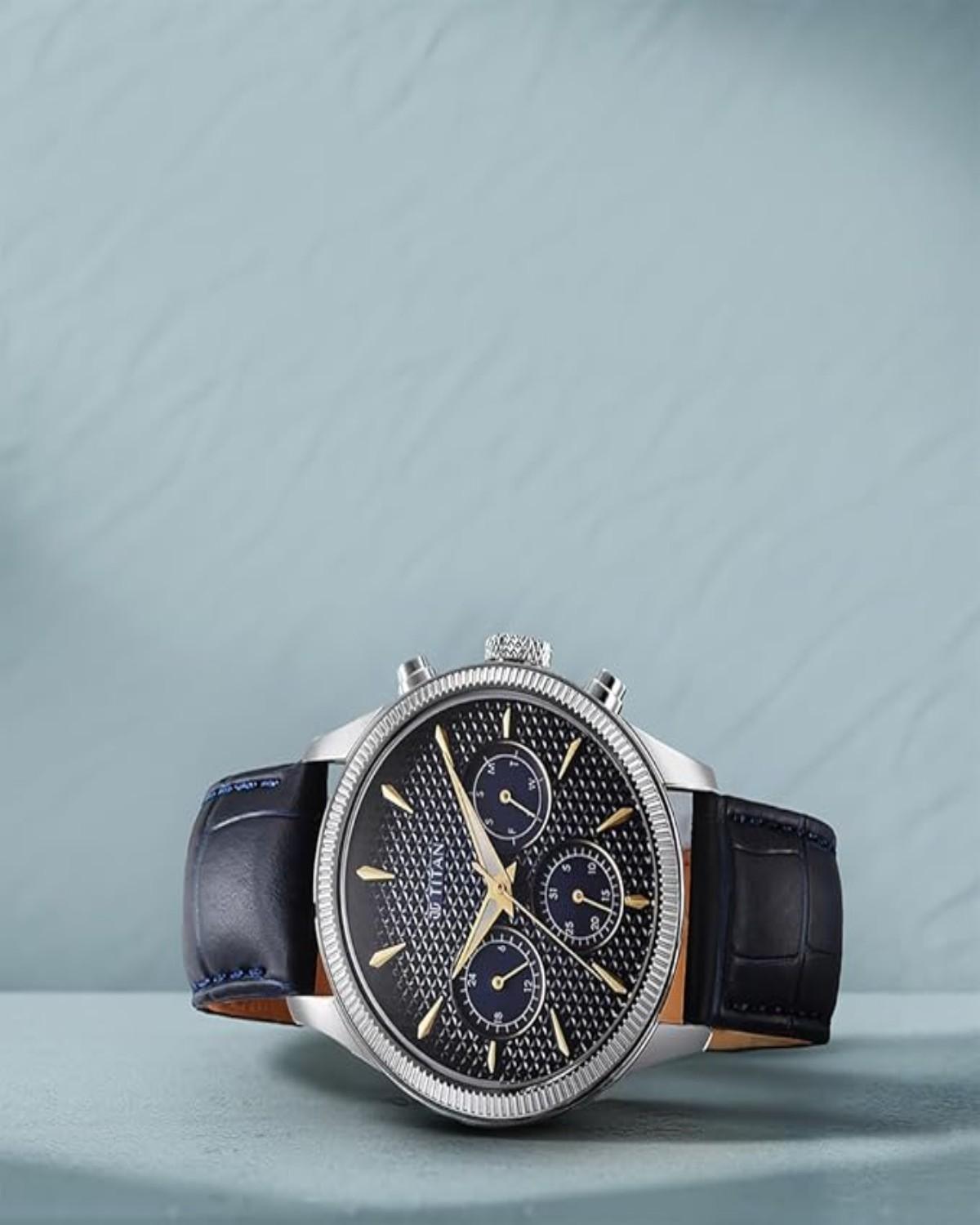 TITAN REGALIA OPULENT QUARTZ ANALOG DAY-DATE BLUE DIAL BLUE LEATHER STRAP MEN’S WATCH NT1805SL13 - Image 2