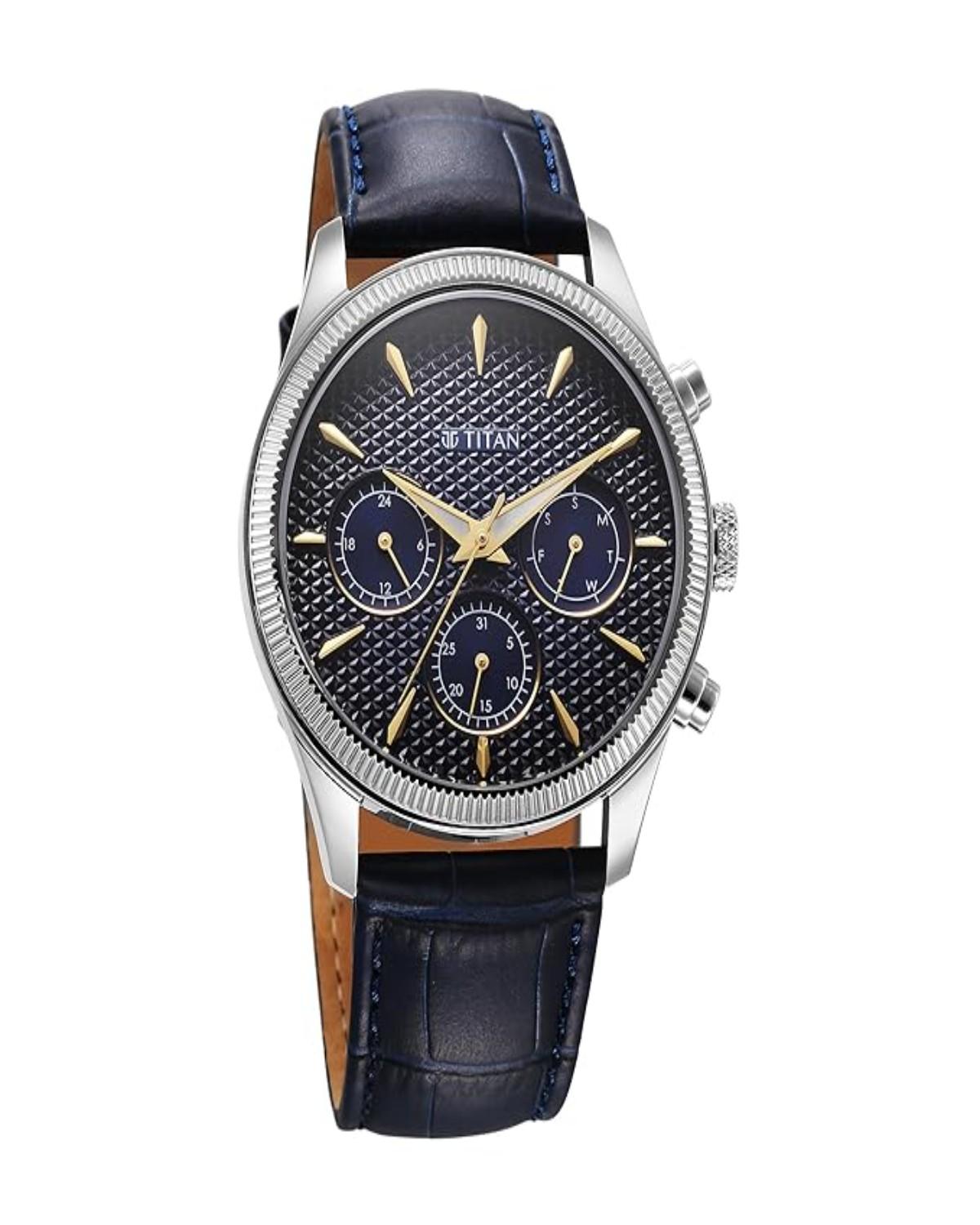 TITAN REGALIA OPULENT QUARTZ ANALOG DAY-DATE BLUE DIAL BLUE LEATHER STRAP MEN’S WATCH NT1805SL13 - Image 3