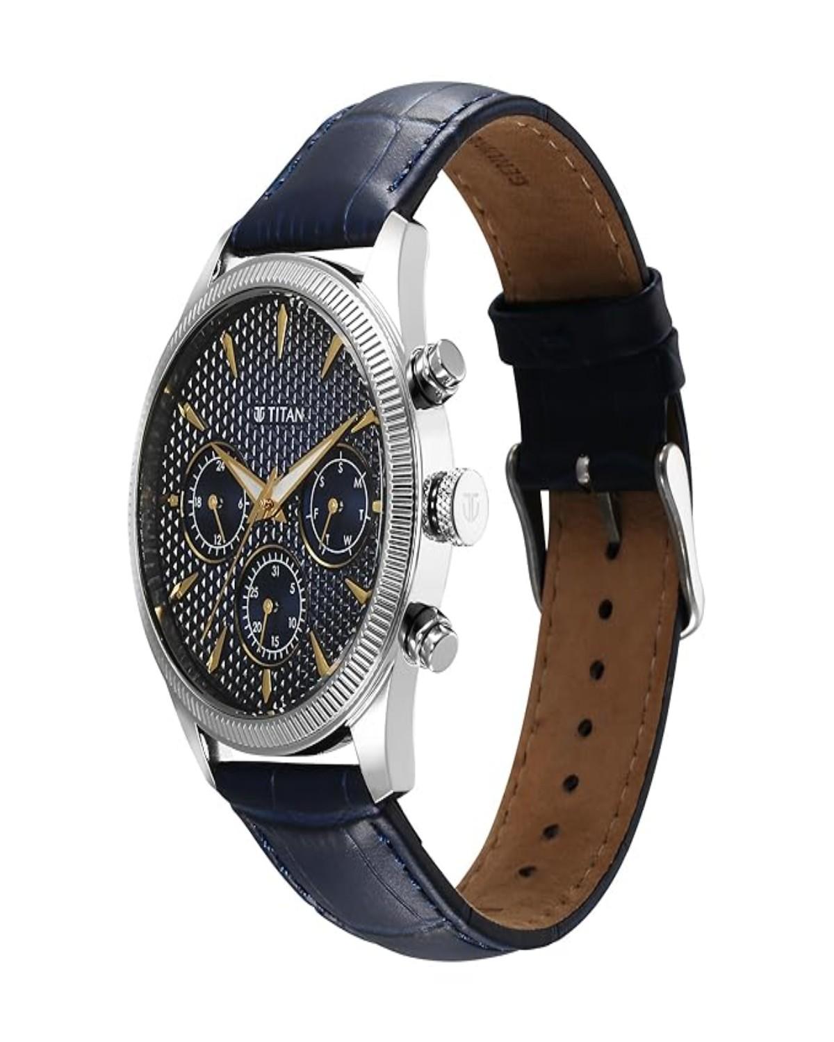 TITAN REGALIA OPULENT QUARTZ ANALOG DAY-DATE BLUE DIAL BLUE LEATHER STRAP MEN’S WATCH NT1805SL13 - Image 4