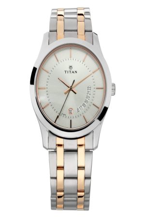TITAN QUARTZ ANALOG DAY-DATE BLACK DIAL STAINLESS STEEL STRAP MEN’S WATCH NT1805KM01