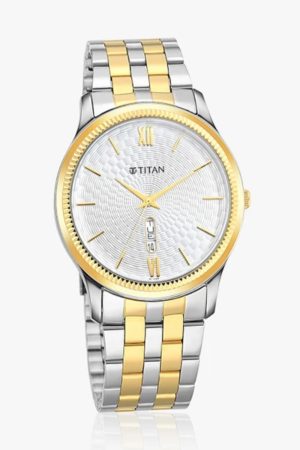 TITAN QUARTZ ANALOG DAY-DATE SILVER DIAL TWO-TONE STAINLESS STEEL STRAP MEN’S WATCH NT1824BM01