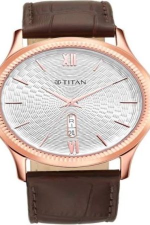 TITAN QUARTZ ANALOG WHITE DIAL BROWN LEATHER STRAP MEN’S WATCH NT1824WL02