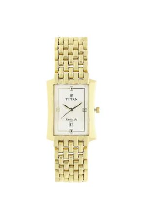 TITAN REGALIA QUARTZ ANALOG RECTANGULAR WHITE DIAL GOLD-TONE STAINLESS STEEL STRAP MEN’S WATCH NT1927YM04