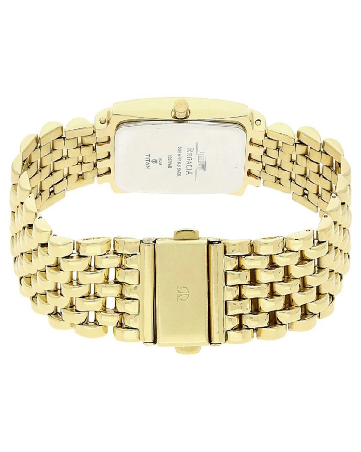 TITAN REGALIA QUARTZ ANALOG RECTANGULAR WHITE DIAL GOLD-TONE STAINLESS STEEL STRAP MEN’S WATCH NT1927YM04 - Image 2